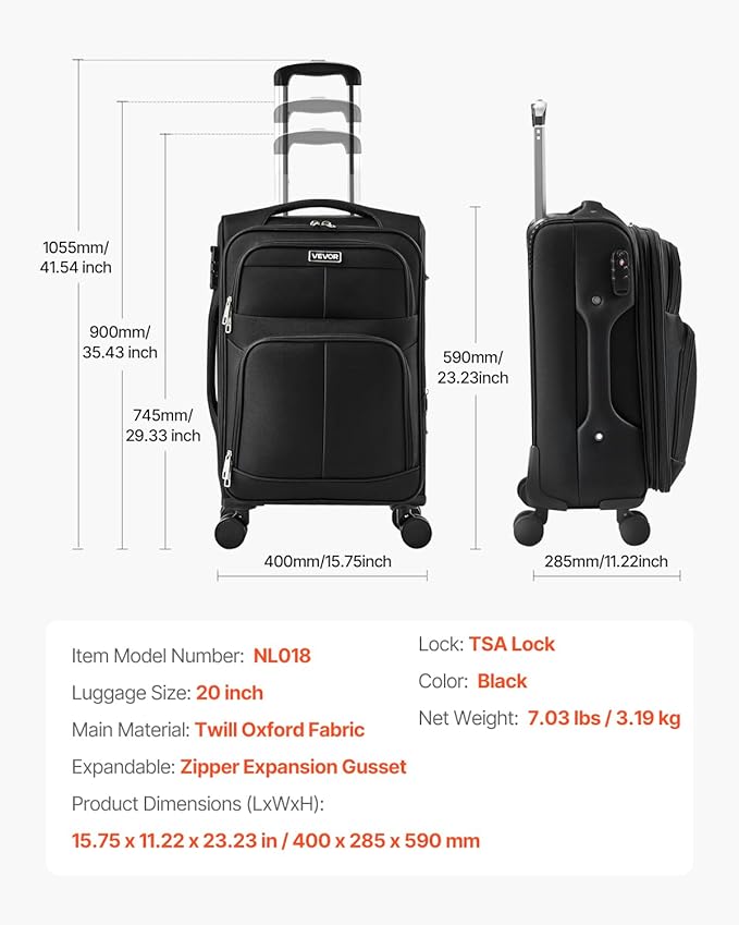 VEVOR Softside Expandable Luggage with Spinner Wheels, 20-Inch Softside Carry on Luggage, Lightweight Checked Suitcase with Expandable Zippered Pocket and TSA Lock, Black
