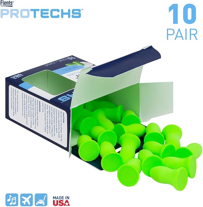 Flents Protechs Foam Ear Plugs, 10 Pair with case Sleeping, Snoring, Loud Noise, Traveling, Concerts, Construction, Studying, Work, Shooting, NRR 33, Noise Cancelling, Green, Made in the USA