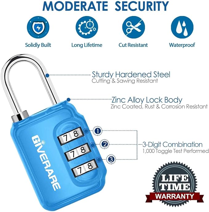 GIVERARE 2 Pack Combination Lock, 3-Digit Padlock Keyless, Resettable Luggage Locks for Backpack, Gym & School&Employee Locker,Weatherproof Travel Lock for Fence, Backyard Gate, Hasp, Case-Blue+Red