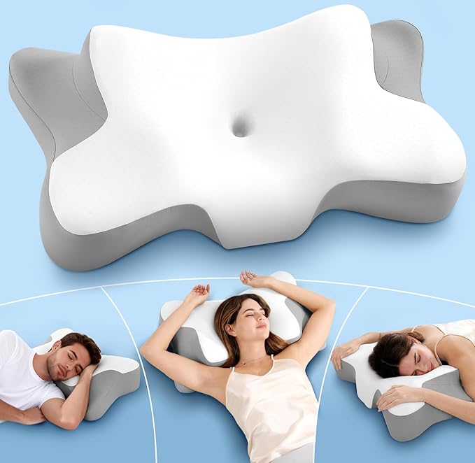 Cervical Neck Pillow for Neck Pain Relief, Ergonomic Memory Foam Contour Pillow for Sleeping, Cooling Butterfly Pillow for Back,Side,Stomach Sleepers, Orthopedic Bed Pillow for Neck Support(White)