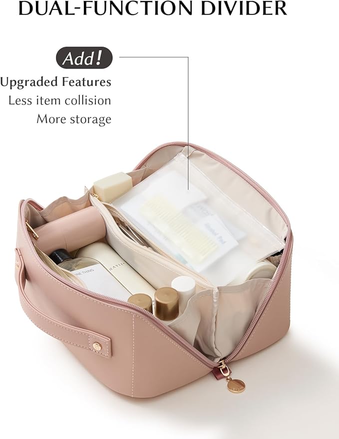 EACHY Travel Makeup Bag, Large Capacity Cosmetic Bag for Women, Waterproof PU Leather, Flat Open Portable Toiletry Bag for Skincare, Brushes & Travel Essentials