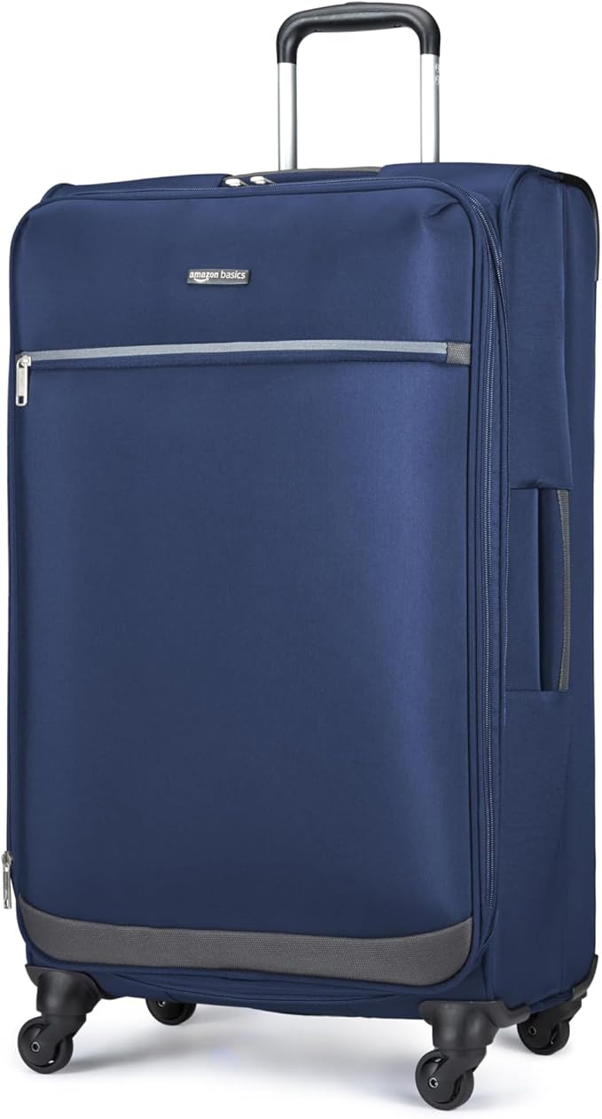 Amazon Basics 28" Large Checked Softside Expandable Suitcase with 360-Degree Multi-directional Spinner Wheels, Zippered Pockets, Telescoping Handle, Spacious, Navy Blue