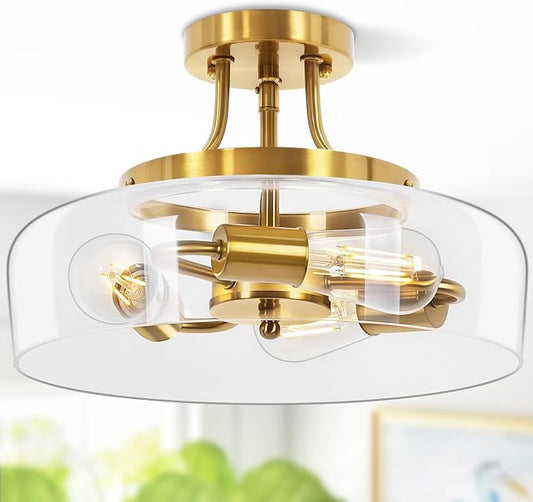 3-Light Semi Flush Mount Light Fixture, Modern Industrial Glass Ceiling Light with E26 Base, Metal Semi Flush Ceiling Light for Living Room Kitchen Bedroom Hallway Balcony, No Bulbs, Gold