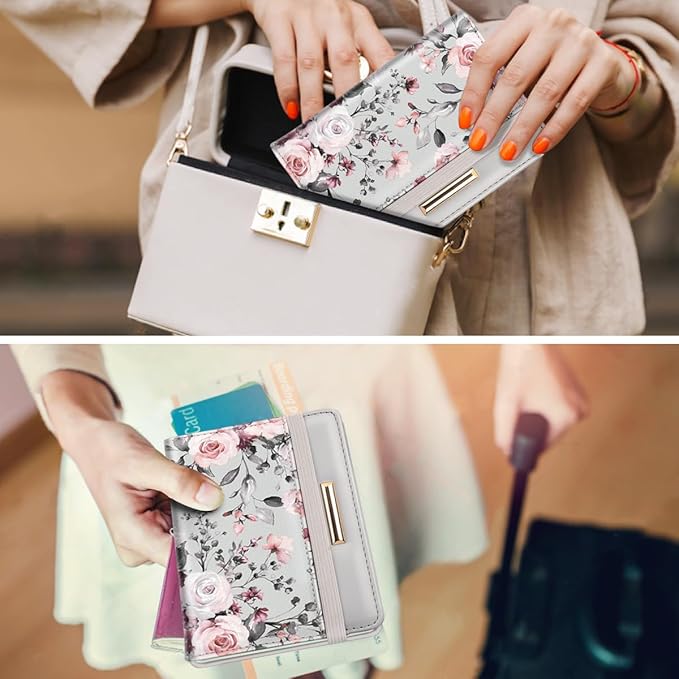 Passport Holder,RFID Blocking Passport Cover Cute Floral Traveling Passport Wallet for Women Grey Flowers