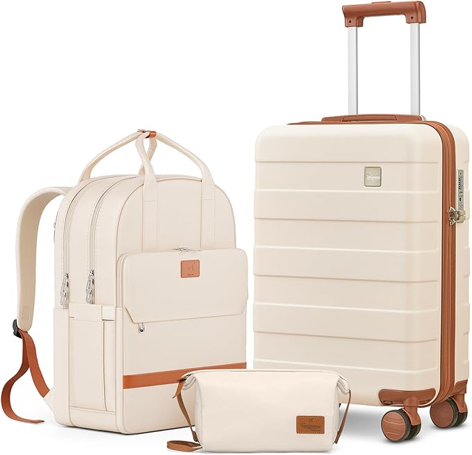 imiomo Hard Shell 20 Inch Carry on Luggage 3 Piece Set with Travel Backpack, Lightweight Hardside Carry-On Suitcase with Spinner Wheels and TSA Lock, Beige