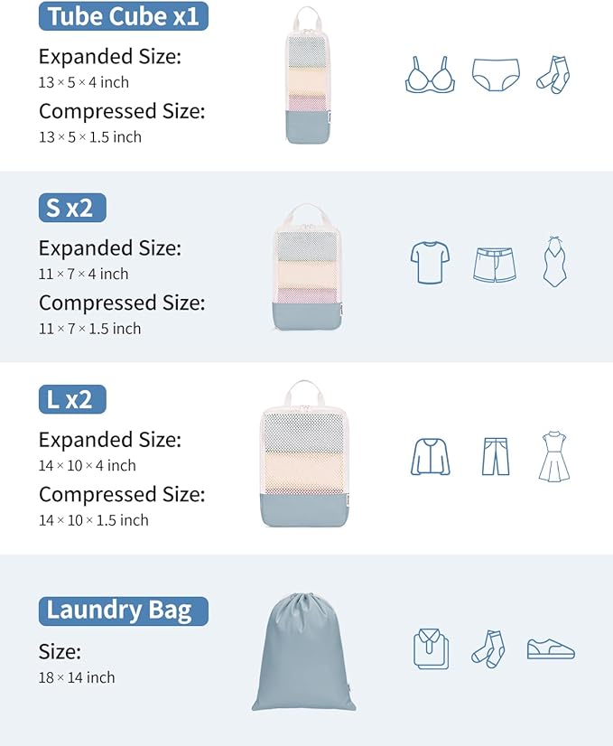 Narwey 6 Set/5 Set Compression Packing Cubes for Travel Kids Women Carry on, Packing Organizers Bag for Backpack Luggage Suitcase Duffle Bags