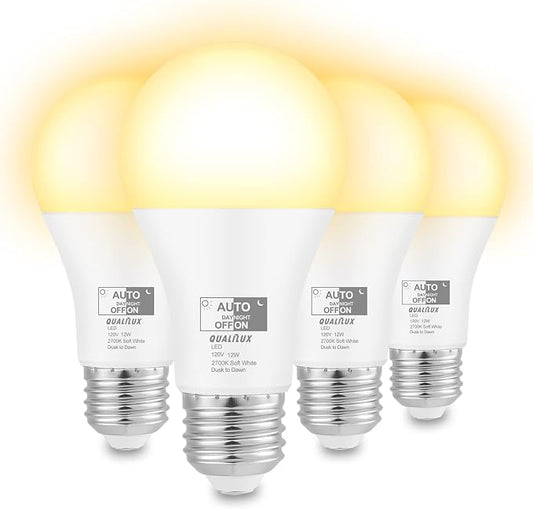 Qualilux Dusk to Dawn Light Bulbs, Auto On/Off Light Sensing LED Bulbs Outdoor, Soft White, A19 4-Pack, 12W 1000LM 75W Equivalent, HQ-H022