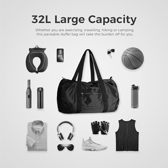 pack all Lightweight Travel Duffel Bag, Water-Resistant Sports Gym Bag, 32L Foldable Weekender Bag for Fitness, Hiking and Camping (Black)