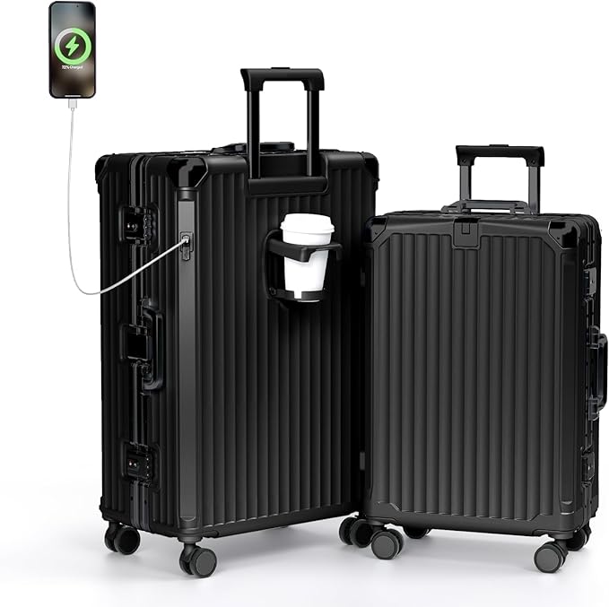 Krute Zipperless Luggage Set 2 Pieces Aluminum Frame PC Hard Shell No Zipper Suitcase Set With Wheels TSA Lock Carry On Luggage and Checked Suitcases
