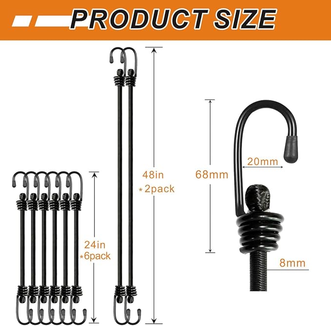 BEXSLE Bungee Cords with Hooks, Heavy Duty Outdoor Elastic Bungee Straps，No Odour Industrial Grade Bungee Rope for Securing Tarps, Luggage,Tents, Bikes or Garden Tidying 24in6pcs + 48in2pcs (Black)