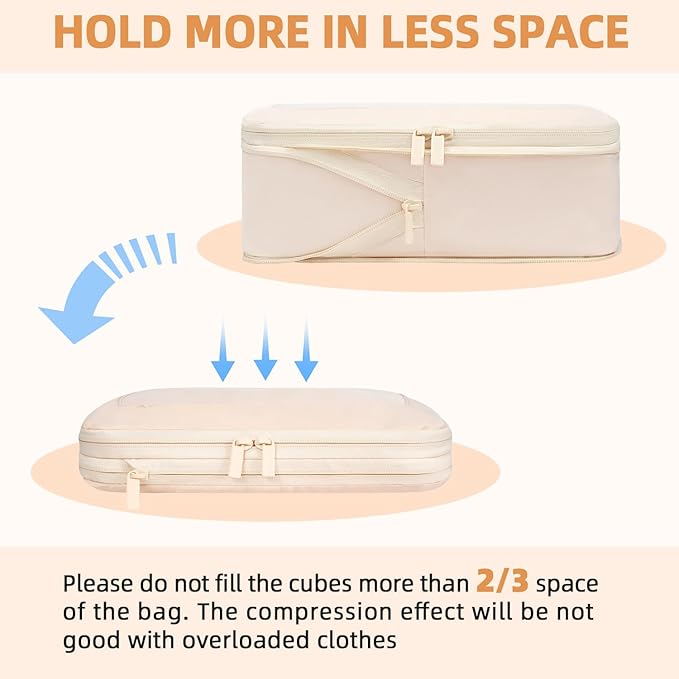 BAGAIL 4 Set/6 Set/8 Set Compression Packing Cubes Travel Accessories Expandable Packing Organizers (Square Mesh, 05-Cream)