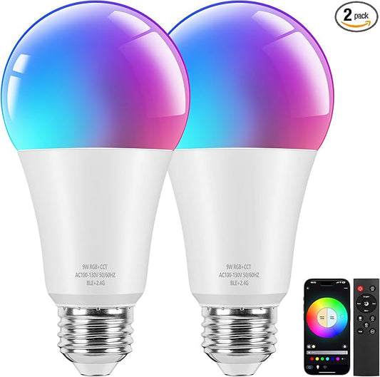 Smart A19 LED Light Bulbs, 60W Equivalent 800LM Color Changing E26 9W Bluetooth Light Bulbs with Remote Control, 16 Million DIY Colors RGBWW, Music Sync, 2-Pack | E26 9W Bluetooth Light Bulbs with Remote Control,16 Million DIY Colors RGBWW, Music Sync,...