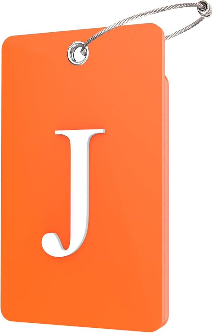 Gostwo 2 Pack Luggage Tags for Suitcases, 26 Initial Letter Travel Luggage Baggage Identification Labels ID Tag Fully Bendable Tags with Stainless Steel Loop (Orange) (Letter J)