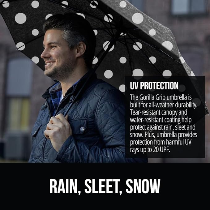 GORILLA GRIP Strong Windproof Stick Compact Umbrella for Rain, One-Click Automatic Open and Close, Durable Quick Dry Waterproof Material, Lightweight and Portable, Travel Size Fits Backpack Polka Dots