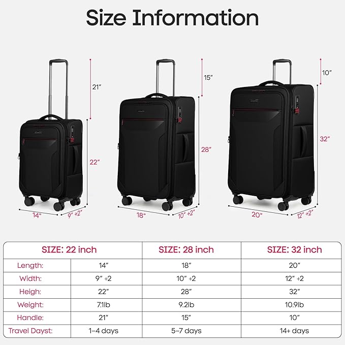 3PCS Set Softside Luggage Sets w/ Spinner Wheels,Expandable 20% Suitcase Upright Spinner Softshell w/TSA LOCK, Lightweight Durable Rolling Travel Luggage Set for Men/Women（Black,22in/28in/32in）