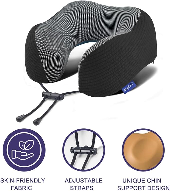 napfun Neck Pillow for Travel with Travel Pouch, Sleep Mask & Earplugs, Memory Foam Airplane Pillow for Headrest Sleep with Eyeshades, Plane Essentials with Eye Blindfold, Black Striped Kit