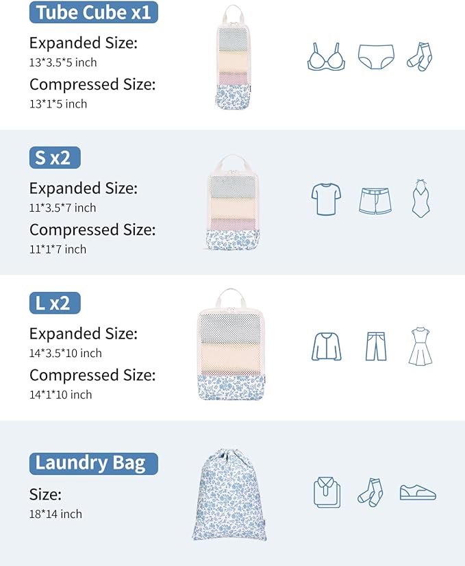 Narwey 6 Set/5 Set Compression Packing Cubes for Travel Kids Women Carry on, Packing Organizers Bag for Backpack Luggage Suitcase Duffle Bags
