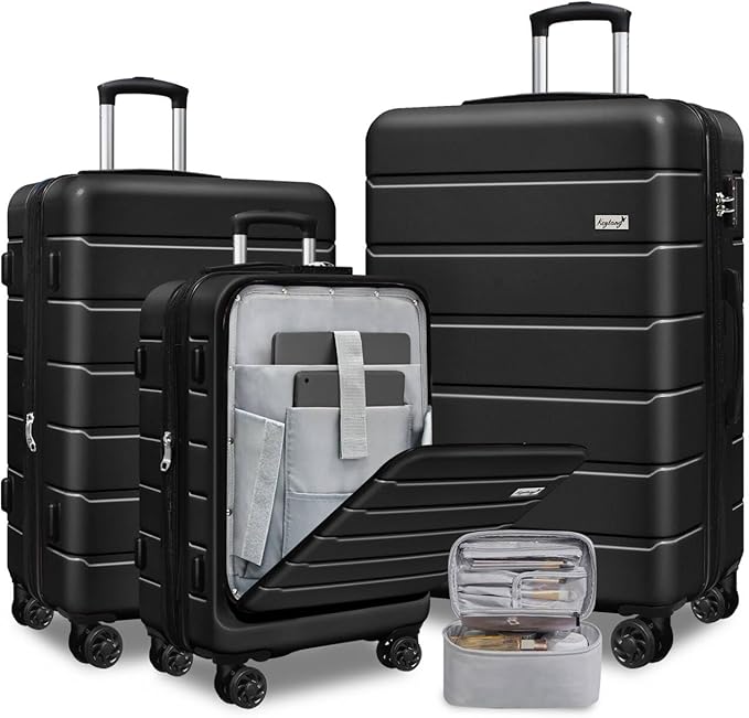 SmileLine 3-Piece Luggage Set Lightweight Hardside Suitcase TSA Lock Spinner Wheels, 20" Expandable Carry-On Luggage with Quick Access Front Open Pocket, Bonus Makeup Bag,Black
