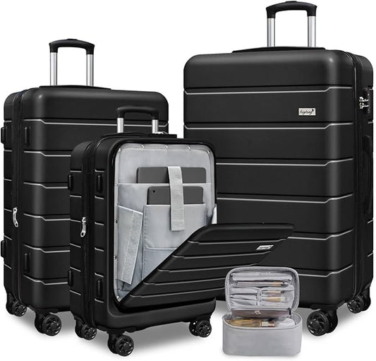 SmileLine 3-Piece Luggage Set Lightweight Hardside Suitcase TSA Lock Spinner Wheels, 20" Expandable Carry-On Luggage with Quick Access Front Open Pocket, Bonus Makeup Bag,Black