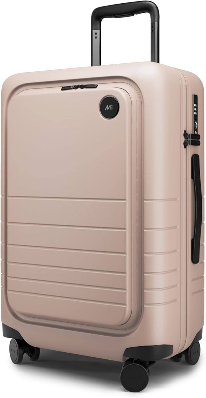 Monos Carry-On Pro Plus Luggage (23"), Hardside Spinner Suitcase with TSA Lock & Front Pocket, Airline Approved, Rose Quartz, Pink