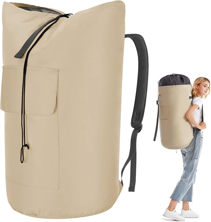 Backpack Laundry Bag, 115L Heavy Duty Extra Large College Laundry Backpack, Dirty Clothes Bag with Shoulder Straps, Laundry Hamper Bag with Drawstring Closure for College Dorm, Apartment Khaki