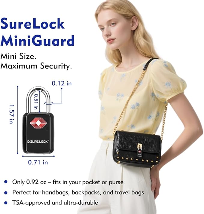 SURE LOCK Mini TSA Approved Keyed Luggage Lock – One Key Opens All, Fits Tight Zipper Gaps & Small Pull Holes, Compact Travel Lock for Suitcases, Backpacks & Handbags