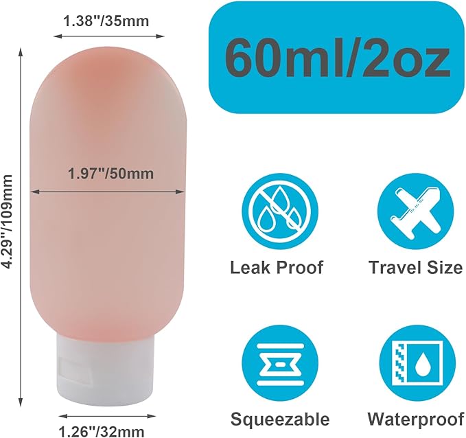 4pcs Travel Bottles - 60ml Leakproof & Squeezable Refillable Containers for Toiletries, Shampoo & Lotion (Transparent Color)