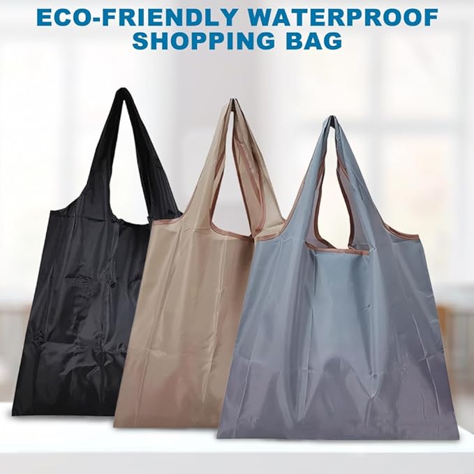 Foldable Shopping Bags, 3-Pack, 50lb Capacity Reusable Tote Bags with Handles, Machine Washable, Black Gray Beige | Folds to pocket size, Machine washable, Quick-drying, Reusable design, Sustainable, Long-term durability