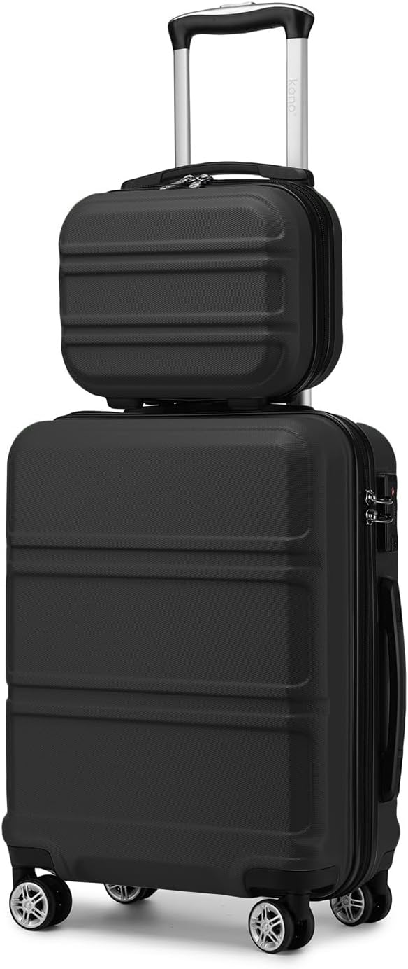 Kono Carry On Luggage Set Airline Approved Lightweight PC+ABS Carry On Suitcase with TSA Lock Spinner Wheels Durable Luggage Hardside Black