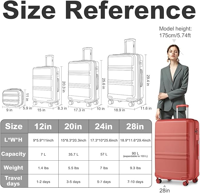Kono 4 Piece Luggage Sets Expandable(only 28") with Spinner Wheels TSA Lock Lightweight PC+ABS Hardside Travel Rolling Suitcases 20in 24in 28in Carry on and 12in Mini Cosmetic Case Coral Pink