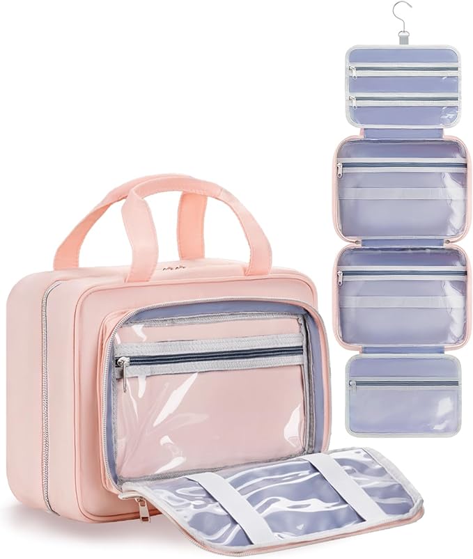 Travel Hanging Toiletry Bag for Women - Waterproof Cosmetic Organizer with Clear Window, Lightweight Bathroom Bags for Essentials, Makeup, Shampoo, Toiletries Pink,Large