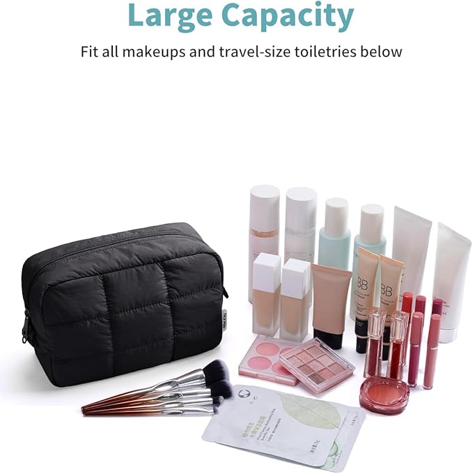 Narwey Quilted Makeup Bag for Women Girl, Puffer Travel Cosmetic Bag Puffy Make Up Bag Organizer, Cute Travel Toiletry Bag for Toiletries (Black)