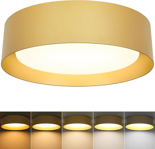 Flush Mount Ceiling Light, 16in Modern Ceiling Light 5 Color Temperature | 25W Bathroom Ceiling Light Fixture, 2600LM Dimmable LED Flush Mount Light for Bedroom, Hallway, Kitchen, Gold
