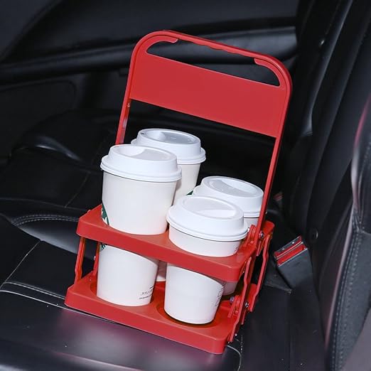 Bodaon 4 Cup Drink Carrier with Handle, Plastic Cup Carriers for Drinks, Drink Holder for Car, Take Out Delivery Drivers Accessories, Portable Foldable Reusable Mobile, Use for Food Delivery Bag, Red