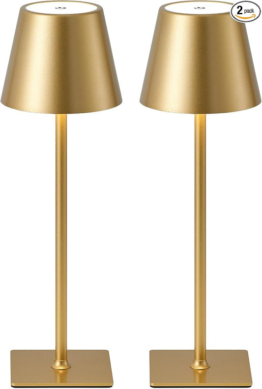 KDG Gold Cordless Table Lamps Set of 2, 4000mAh Rechargeable LED Desk Lamp | Portable, Battery Operated, 3 Color Stepless Dimming, for Restaurant, Outdoor Camping, Coffee Shop, Bedroom, Night Light