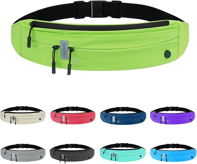 WATERFLY Running Belt Fanny Pack: Runner Marathon Jogging Waist Pack Sport Workout Exercise Fitness Phone Holder Belt for Men Women Jogger Slim Waistband Black