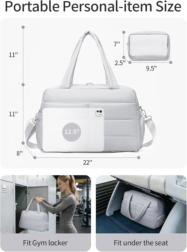 Gitus Carry On Duffle Gym Bag for Women Puffer Weekender Overnight Duffel Bag for Travel with Clear Toiletry Pouch Sport Yoga Fitness Essentials Gifts (Lightgrey)