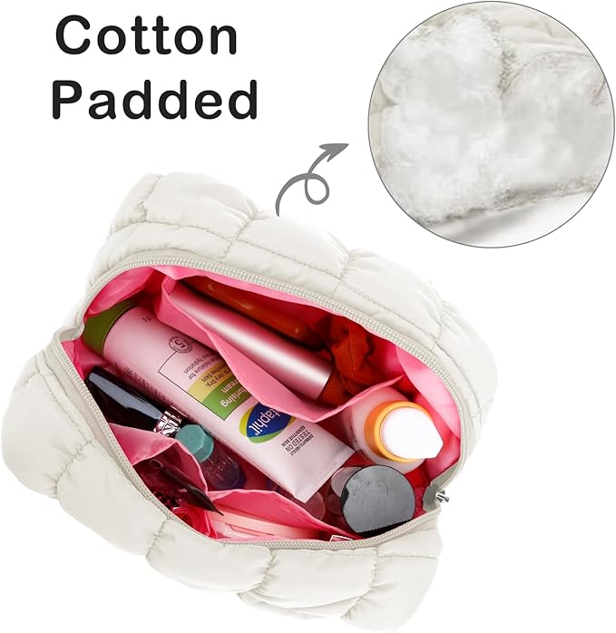 E-Tree Cute Makeup Bag,Quilted Cosmetic Bag,Make up Pouch for Purse,Toiletry Zipper Pouch,Checkered Bag,Travel Case,Storage Pouches for Organization (White)