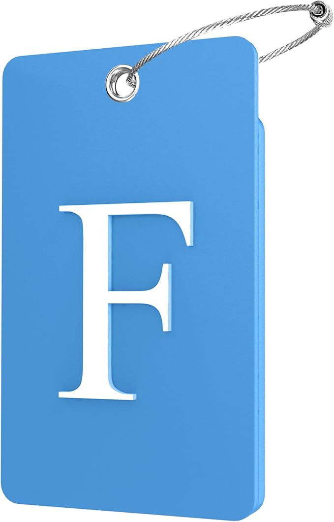 Gostwo 2 Pack Luggage Tags for Suitcases, 26 Initial Letter Travel Luggage Baggage Identification Labels ID Tag Fully Bendable Tags with Stainless Steel Loop (Blue) (Letter F)
