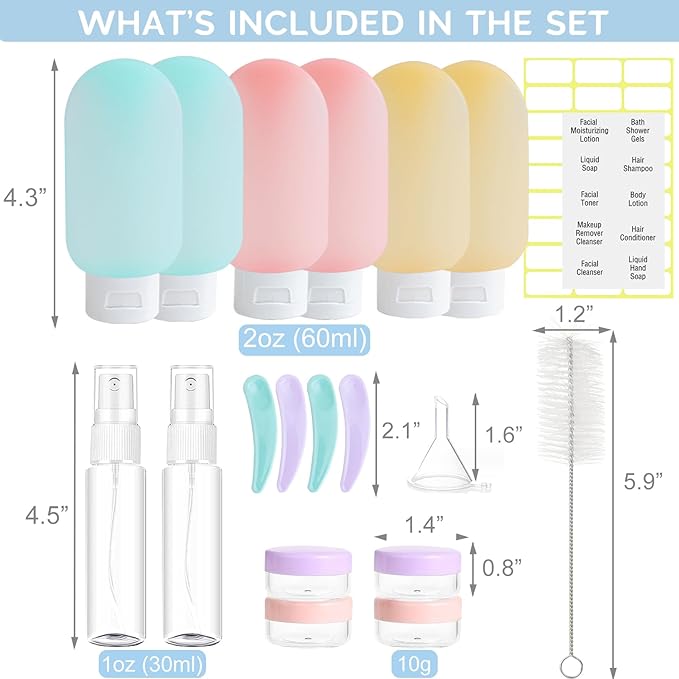 20 Pack Travel Bottles Set for Toiletries, TSA Approved Leak Proof Travel Size Containers Kit Portable Refillable Travel Accessories for Shampoo Conditioner Lotion Liquids (Multicolor B)