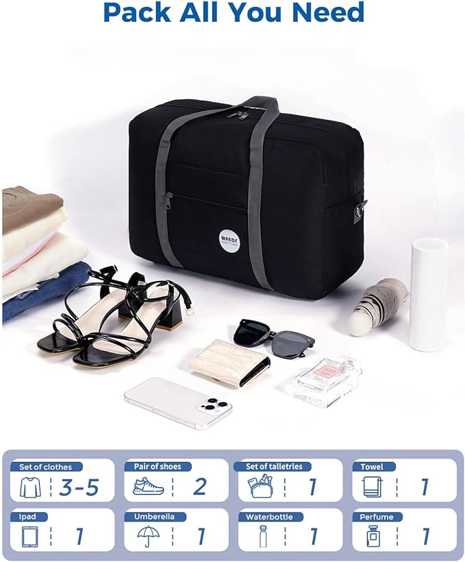WANDF For Spirit Airlines Personal Item Bag 18x14x8 Travel Duffel Bag Underseat Foldable Carry-on Luggage for Women