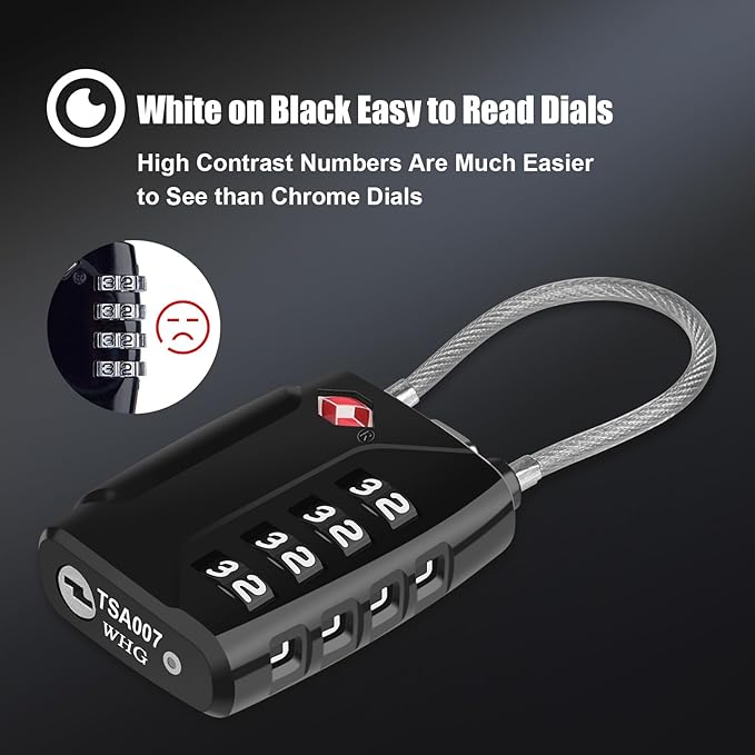 Diyife TSA Luggage Locks, [Upgrade Version][2 Pack] TSA Approved Suitcase Lock 4-Digit Re-settable Combination Lock, Cable Backpack Locks, Code Lock for Travel Suitcase Luggage Bag Lockers (Black)