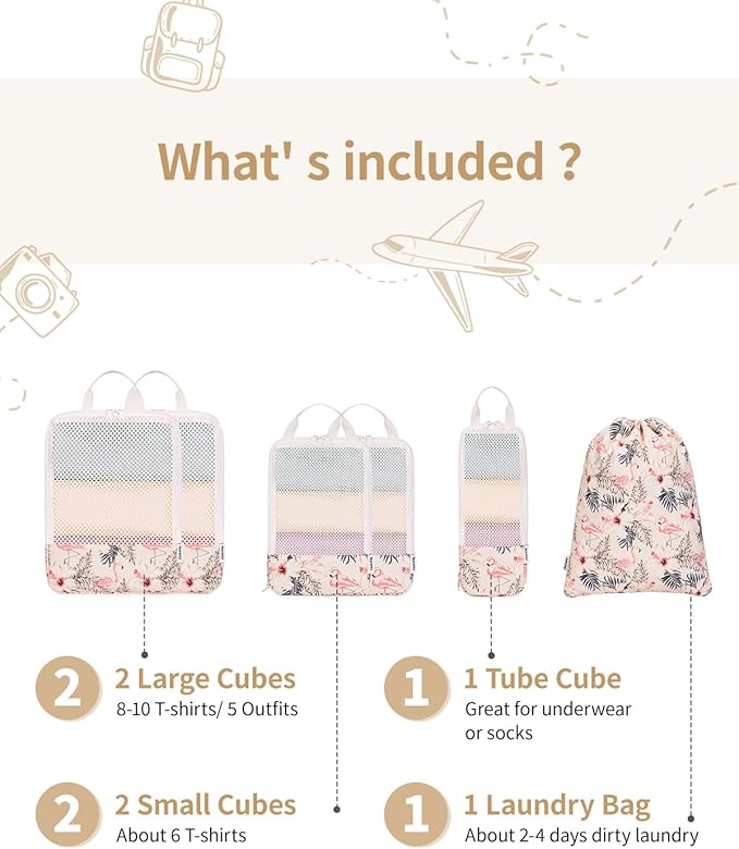 Narwey 6 Set/5 Set Compression Packing Cubes for Travel Kids Women Carry on, Packing Organizers Bag for Backpack Luggage Suitcase Duffle Bags