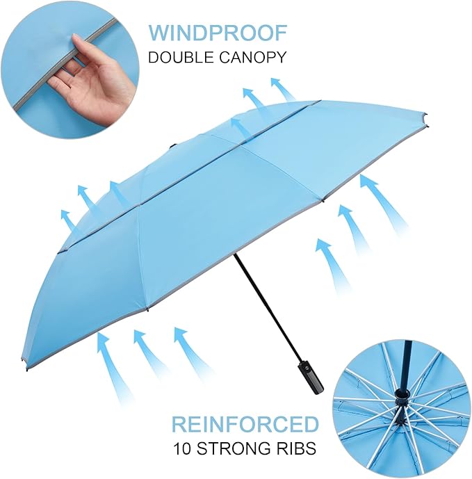G4Free 54/62 Inch Windproof Inverted Umbrella with Reflective Stripe Large Compact Reverse Golf Umbrella for Rain 10 Ribs Double Canopy Travel Umbrella Automatic Open Close