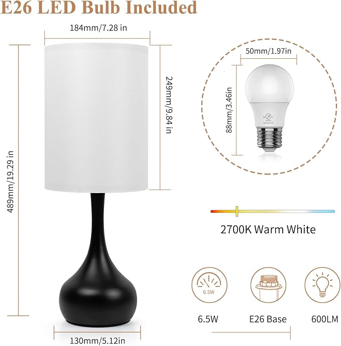 ONEWISH Touch Bedside Lamp for Bedroom, 3-Way Dimmable Table Lamps for Nightstand, White Fabric Shade Desk Lamp for Kids Reading, Living Room, Home Office