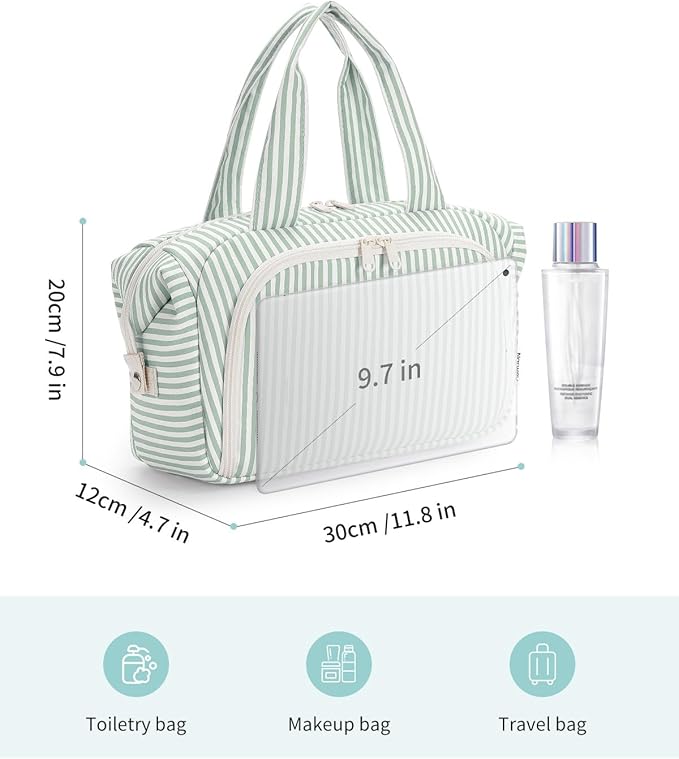 Narwey Travel Toiletry Bag for Women, Wide Open Large Makeup Bag, Cosmetic Bag Make Up Organizer with Handle, Wet Pocket for Towel, Travel Bag for Toiletries, Brushes, Essentials (Mint Green Stripe)
