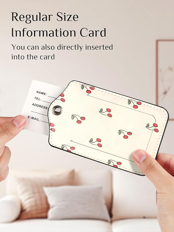 Seorsok 2Pcs Luggage Travel Tags for Suitcases,Cute Red Cherry PU Leather Name Tag with Privacy Cover&ID Label Address Card and Durable Metal Ring Suitable for Men Women Handbags Backpack,Beige