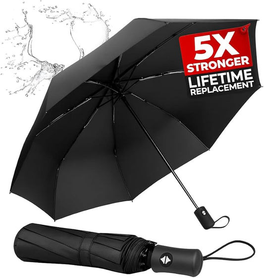 Windproof Travel Umbrella - Compact, Light, Full Automatic Open/Close - Folding Backpack Umbrella for Rain & Sun UV Preotection For Men & Women, Unbreakable 8 Fiberglass Ribs UK Design