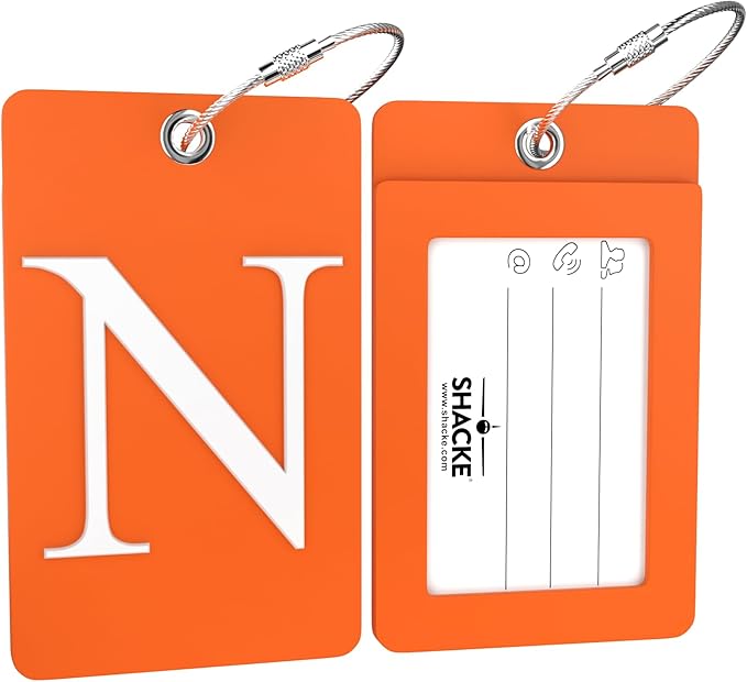 Shacke Luggage Tag Initial – Fully Bendable Tag w/Stainless Steel Loop (Orange) (Letter N)