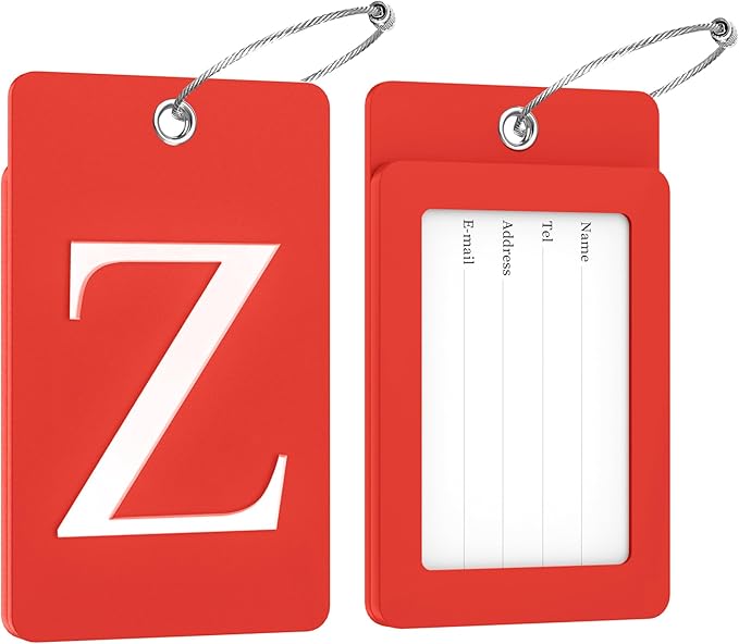 Gostwo 2 Pack Luggage Tags for Suitcases, 26 Initial Letter Travel Luggage Baggage Identification Labels ID Tag Fully Bendable Tags with Stainless Steel Loop (Red) (Letter Z)